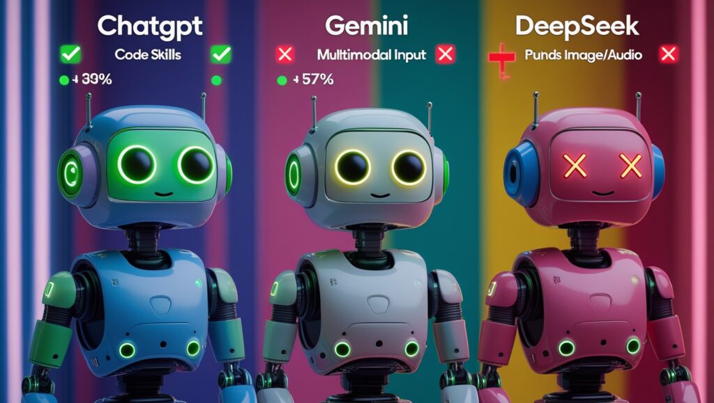 Side-by-side comparison infographic showing ChatGPT, Gemini, and DeepSeek as robotic avatars